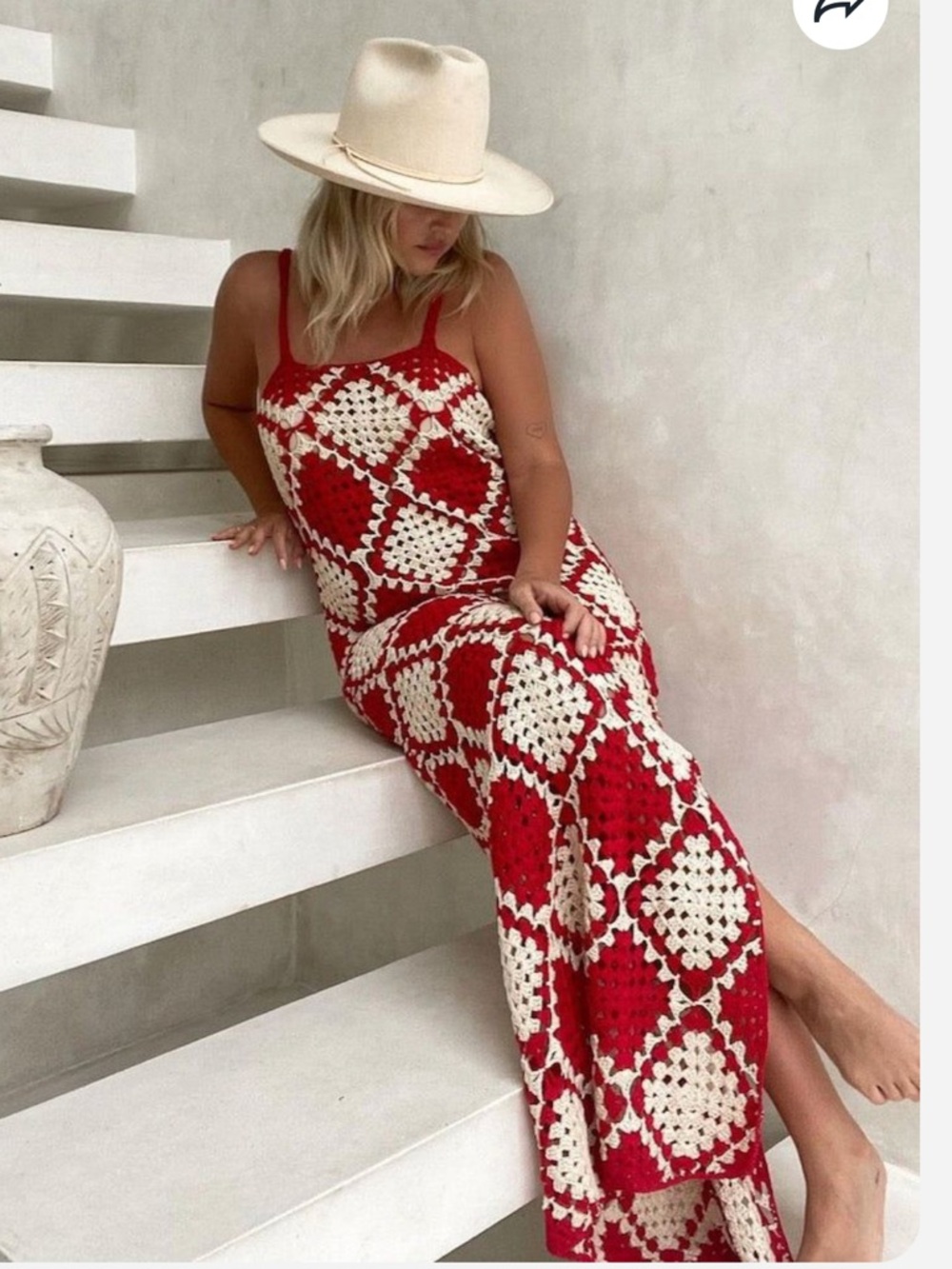 VRG GRL Verge Girl Joni Crochet Boho Maxi Dress Red Cream Granny Square - Small - Picture 2 of 13